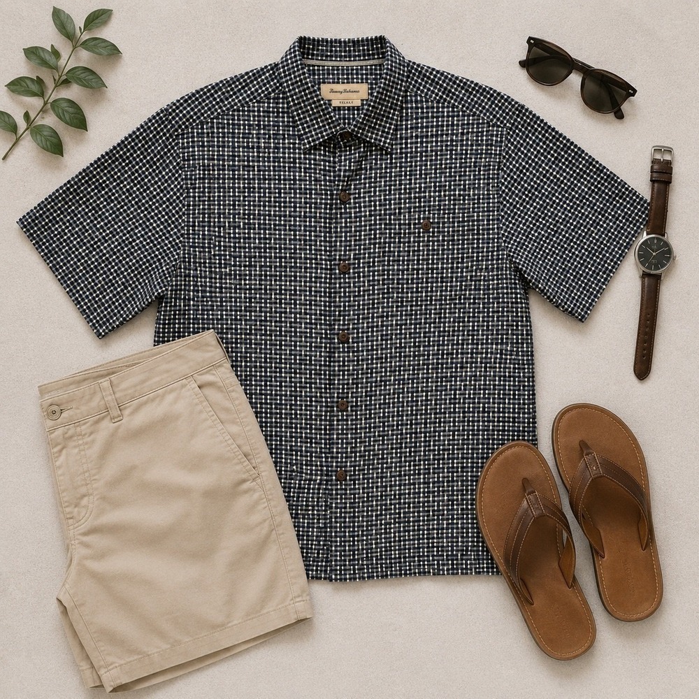 Tommy Bahama Men's Large Silk Blend Grey Basketweave Print Short Sleeve Shirt